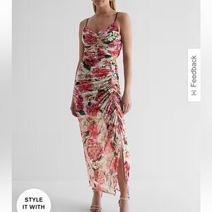 Express Floral Ruched Maxi Dress in Pink and Green